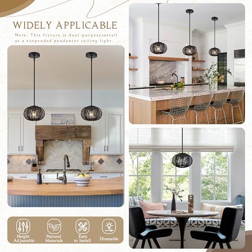 Black Mini Rattan Pendant Light Rattan Light Fixture Wicker Chandelier Woven Pendant Light Boho Chandelier for Bedroom Kitchen Island - color: 8.7" Black