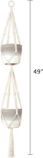 Mkono Macrame Double Plant Hanger Indoor Outdoor 2 Tier Hanging Planter Basket Cotton Rope with Beads 4 Legs 49 Inches