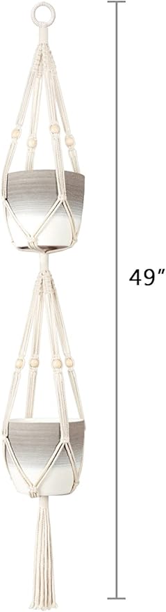 Mkono Macrame Double Plant Hanger Indoor Outdoor 2 Tier Hanging Planter Basket Cotton Rope with Beads 4 Legs 49 Inches