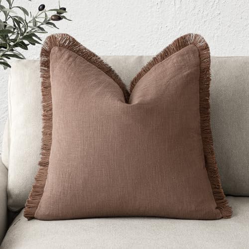 Foindtower Decorative Linen Fringe Throw Pillow Covers Cozy Boho Farmhouse Cushion Cover with Tassels Soft Accent Pillowcase for Chair Sofa Bed Living Room Home Decor, 16×16 Inch, 1PC, Rust - color: Rust, size: 16" x 16" (Pack of 1)