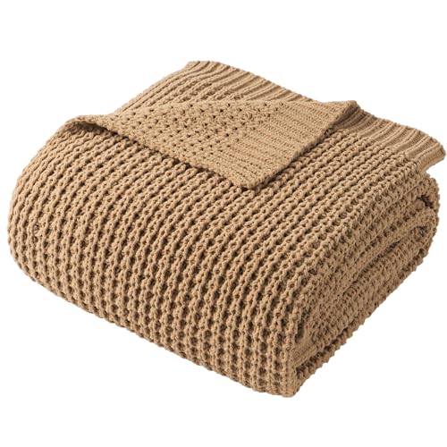Bunnikins & Clover Beige Throw Blanket for Couch, Knitted Beige Throw for Bed, Neutral Throw Blankets Tan Blanket for Room Decor Housewarming Gifts, 60"x80" - color: Beige, size: 60"x80"