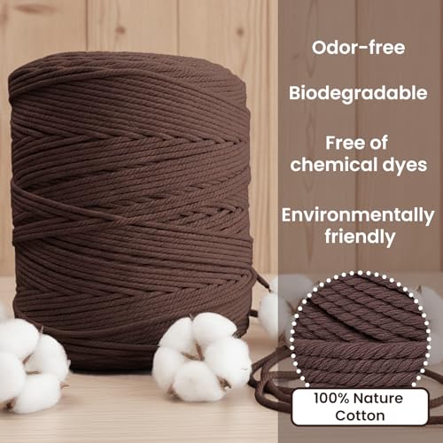 547 Yards Macrame Cord 4 Strand Twisted Recycled Cotton 4mm Brown String for Crafts Wall Hangings Plant Hangers DIY Knitting Macrame Supplies - color: Brown, size: 4mmx547Yards