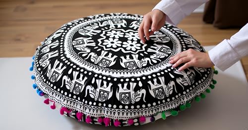 CRAFT KALA 22" Bohemian Floor Pillow Pouf Cover Mandala Boho Large Round Meditation Room Pillow Covers for Adults Seating Poufs Cushion Cover for Kids Playroom Black and White Elephant - color: Black and White, size: 22" x 22" (Pack of 1)