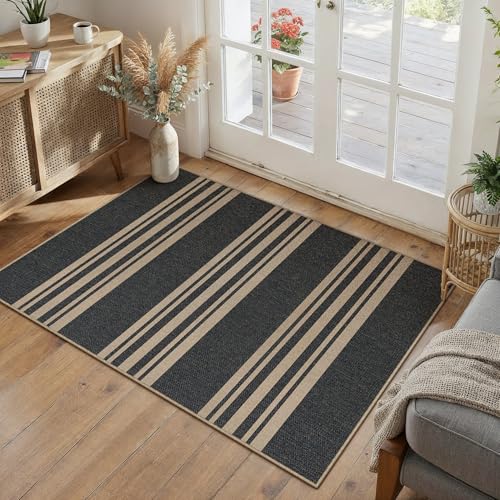 PureCozy Striped Easy Jute Rug 2x3 Black Entryway Carpet Washable Non Slip Door Mat Farmhouse Neutral Non Shedding Entry Small Indoor Outdoor Rug for Kitchen Bedroom Mudroom Bathroom - color: Black/Striped, size: 2' x 3' (Rectangular)