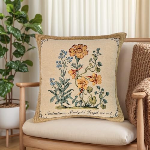 Jacquard Woven Botanical Pillow Cover | Square Vintage Floral Tapestry Cushion Case for Sofa Couch Bed Decor | Rustic Farmhouse Home Accent Throw Pillow Sham 18x18 Inch (Orange - Blue Floral Sketch) - color: Orange - Blue Floral Sketch