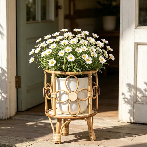 Boho Rattan Plant Stand Indoor Outdoor Floor Wooden Wicker Planter Shelf Baskets with Legs Rustic Farmhouse Rack Flower Pot Holder Vintage Home Decor for Flower Pot Living Room Balcony Display