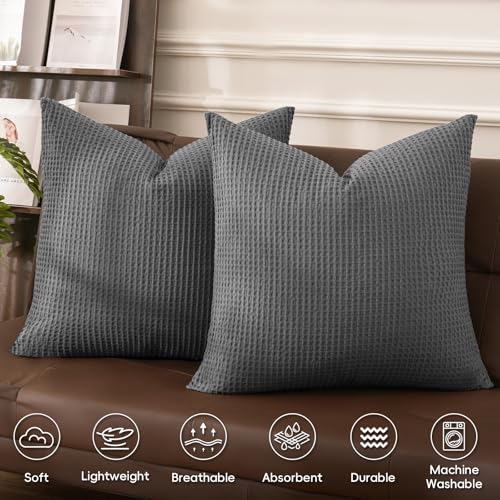 PHF 100% Cotton Waffle Weave Throw Pillow Cover, 22" x 22", No Filling, 2 Pack Elegant Home Decorative Square Throw Pillow Covers for Bed Couch Sofa, Charcoal Grey - color: Charcoal Grey, size: 22" x 22" (Pack of 2)
