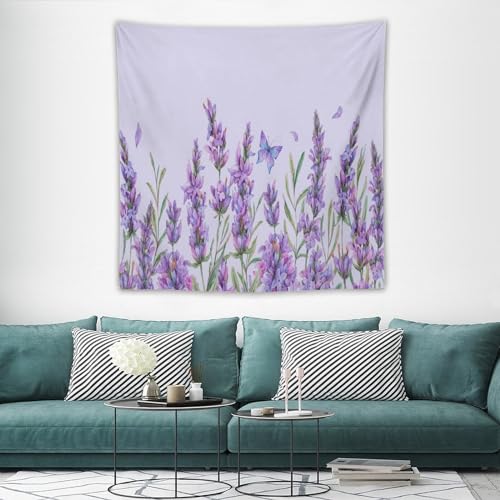 HZOHNAGO Lavender Flower Tapestry Watercolor Purple Floral Butterfly Pattern Printed Wall Tapestry Wall Hanging for Bedroom Living Room Dorm 60" W x 60" H - color: Lavender-10, size: 60"L x 60"W