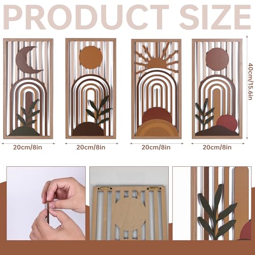 Boho Wall Art Set of 4, Terracotta Wall Decor & Burnt Orange Bedroom Decor, Orange Modern Wall Art with Arch/Botanical Design - Mid-Century 3D Wooden Abstract Geometric Artwork for Home Living Room Office(C) - color: C