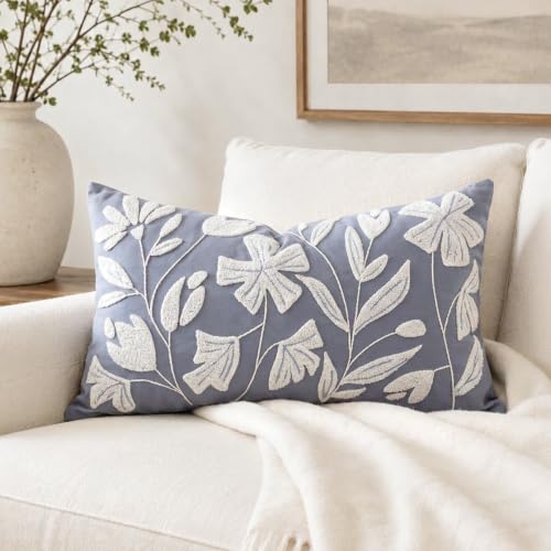 BlissBlush Decorative Lumbar Pillow Cover 12x20, Dusty Blue Accent Velvet Throw Pillowcase for Couch Sofa Living Room, Floral Tufted Rectangular Cushion, Cover Only - color: Dusty Blue, size: 20" x 12" (Pack of 1)