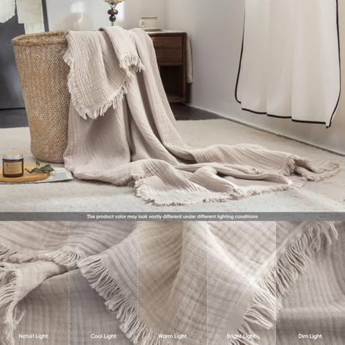 FOSSA Muslin Blanket with Fringe - 4-Layer 100% Cotton Gauze Super Soft & Breathable Throw -Lightweight Decorative Cooling Blanket for Bed, Sofa, Office (Beige Gray, King (104" × 90")) - color: Beige Gray, size: King (104" × 90")
