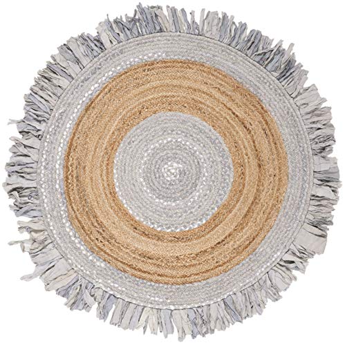 SAFAVIEH Cape Cod Collection Area Rug - 4' Round, Light Grey & Natural, Handmade Boho Fringe Jute & Cotton, Ideal for High Traffic Areas in Living Room, Bedroom (CAP701F) - color: Light Grey/Natural, size: 4' (Round)