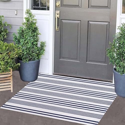 Blue and White Striped Outdoor Rug 24'' x 35'' Door Mat Outdoor Machine Washable Welcome Mats Cotton Hand-Woven Entryway Rug for Front Porch/Entryway/Laundry/Bathroom/Bedroom - color: Blue Striped, size: 2' x 3' (Rectangular)