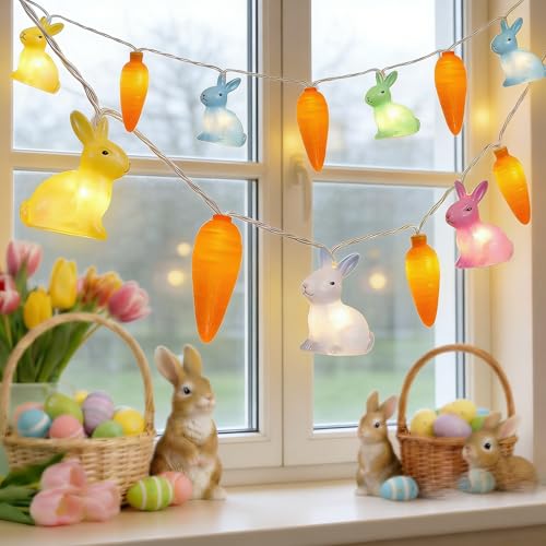 LED Easter Bunny Carrot String Lights, 8.5Ft Plug in Rabbit Lights Indoor Easter Decorations, 10 Multicolor Bunny Carrots for Outdoor Party Birthday Garden Spring Home Decor for Kids - color: Multicolor Rabbits Carrot