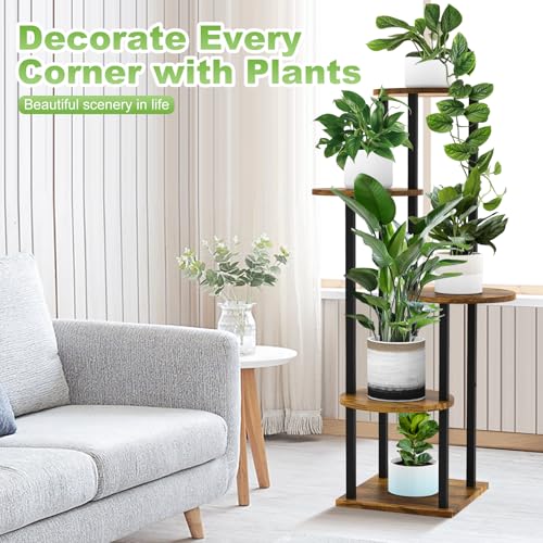 5 Tier Wood Tall Plant Stand Metal Rack Indoor, Multiple Flower Pot Holder Shelves Corner Rack, Round Planter Shelf Display Rack Storage Organizer for Patio Living Room Balcony(Black+Brown) - color: Black+Brown, size: 5 Tier