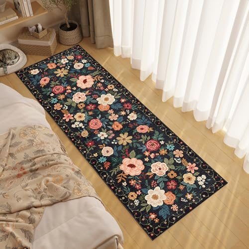 DUKINO 2x6 Runner Rug for Hallway, Washable Kitchen Runner Rug with Non Slip Backing, Low Pile Soft Boho Floral Runner for Kitchen, Hallway, Entryway, Laundry, Bedroom, Black - color: Black, size: 2' x 6' (Rectangular)
