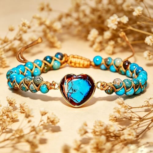 Women Boho Wrap Bracelet,Handmade Natural Stone Crystal Emperor Beads Heart Bracelet, Fashion Bohemian Jewelry Gift for Women - color: Blue #2