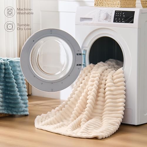 Cream Striped Throw Blanket, 330GSM Soft Plush Fleece Blanket for Couch Sofa Travel, Decorative Cozy Giftable Home Blanket, 50x60 Inches - color: Cream, size: Throw(50"x60")