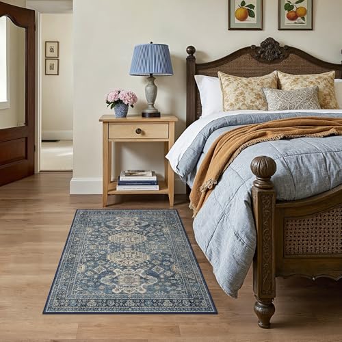 Bavni 3x5 Area Rug for Living Room Bedroom, Washable Boho Print Vintage Aesthetic Rug, Ultra-Thin Low Pile Rugs for Entryway Playroom with Non Slip Backing, Blue - color: Blue, size: 3' x 5' (Rectangular)