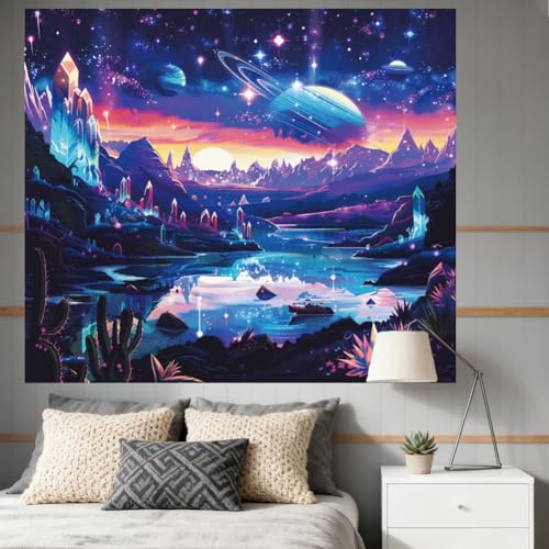 CRAFTYMELODY Alien Planet Blacklight Tapestry Glow in the Dark Tapestry UV Reactive Lake Mountain Star Wall Hanging 59×51 Inch with Hook Self Adhesive Sticker Clip for Bedroom Home Wall Decoration - color: Alien Landscape