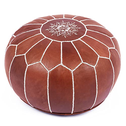 Marrakesh Gallery Genuine Leather Round Pouf Unstuffed - Moroccan Ottoman Footstool, Footrest Cover - Boho Decor - Bohemian Living Room, Bedroom, Kids Room, Gift & Wedding - color: Dark Tan