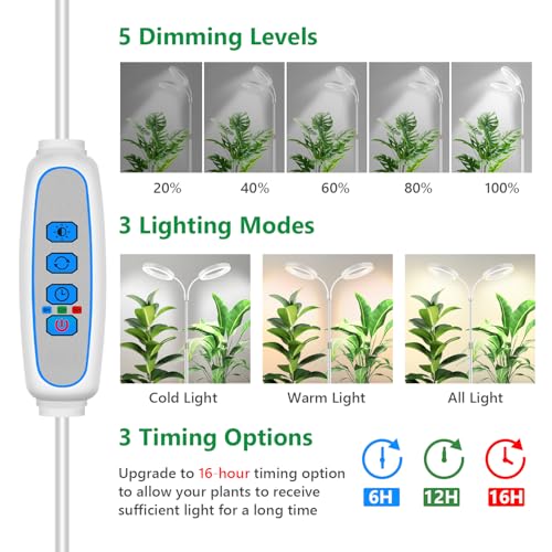 Aumtrly Large Plant Light for Indoor Plants, 2 Head Full Spectrum Grow Light with 68" Adjustable Stand for Growing Large Tall Plants, White Halo Floor LED Grow Lamp with 16 Hour Timer - size: 2 head 68inch/white