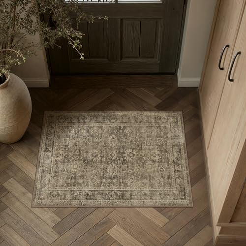 HUGEAR 2x3 Entryway Rug Brown Machine Washable Rug Room Decor Vintage Distressed Small Area Rugs Indoor Door Mat Low Pile Non Slip Carpet for Kitchen Living Bedroom Soft Lightweight - color: A| Brown, size: 2' x 3' (Rectangular)