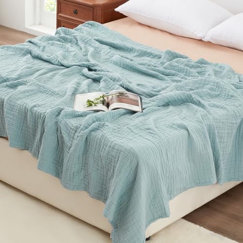 Love's cabin 100% Cotton Muslin Blanket, 6 Layer Lightweight Breathable Gauze Queen Size Blanket 90 x 90 Inches, Soft All Season Blanket for Bed, Cyan - color: Cyan, size: Queen(90"x90")