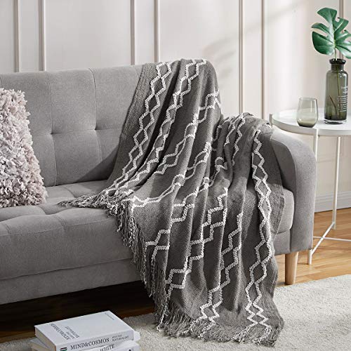 BOURINA Fluffy Chenille Knitted Fringe Throw Blanket Lightweight Soft Cozy for Bed Sofa Chair Throw Blankets, Grey 50" x 60" - color: A-grey, size: 50"×60"