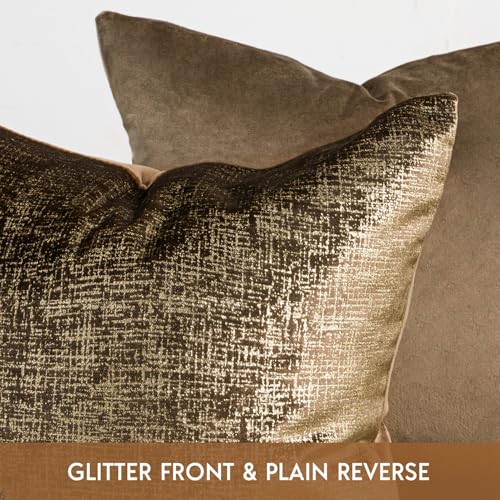 Phantoscope Pack of 2 Sparkling Velvet Decorative Throw Pillow Covers Soft Gold Glitter Square Cushion Cover Pillowcase for Couch Bed and Chair, Dark Brown, 12 x 20 inches, 30 x 50 cm - color: Dark Brown and Gold, size: 20" x 12" (Pack of 2)
