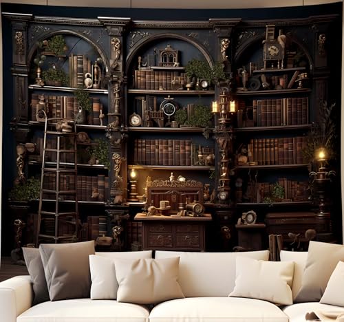 QGHOT Medieval Bookshelf Tapestry Vintage Bookcase Library Backdrop Old Books Dark Academia Large Tapestries Wall Hanging for Bedroom Living Room Office Zoom Background 59.1"x39.1" - color: A, size: 39.1"L x 59.1"W