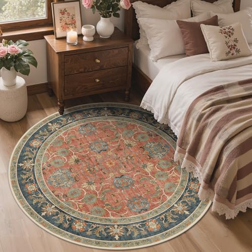 Bavni 6ft Floral Round Rugs for Living Room, Vintage Distressed Accent Circle Rug, Machine Washable Rug Non Slip Stain Resistant, Low Pile Thin Soft Coral Blue Carpet for Bedroom, Dining Room, Nursery - color: Coral Blue, size: 6' (Round)