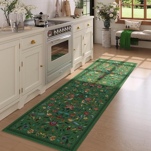 Vintage Medallion Floral Kitchen Runner 2x6, Machine Washable Rug, Soft Low Pile, Non-Slip Carpet for Hallways, Laundry, Bedroom, Bathroom, Entryway | Green - color: Green, size: 2' x 6' (Rectangular)