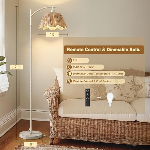 Oneach Rattan Floor Lamp for Living Room with 3 Color Temperatures, Boho Floor Lamp for Bedroom with Remote & Dimmable Bulb, Farmhouse Standing Lamp for Reading, Antique White - color: White