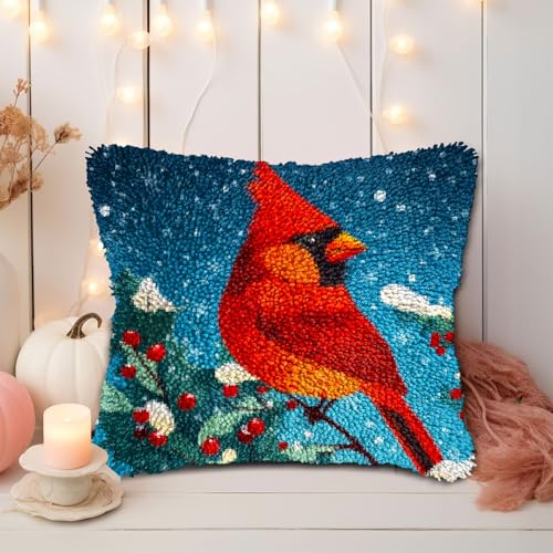 Cardinal Bird on Christmas Red Flower Latch Hook Pillow Kits for Adults DIY Pillow Cover Printed Pillowcase Crochet Yarns Hooking Handmade Cushion for Home Sofa Decor 17x17inch(4) - color: 05-Red Cardinal