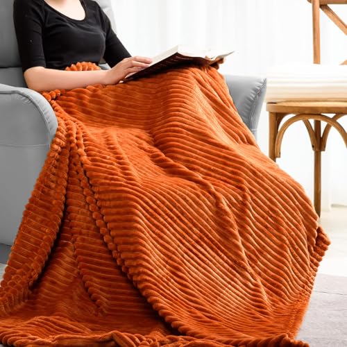 Vessia Flannel Fleece Orange Throw Blanket for Couch, Lightweight Warm Cozy Soft Striped Bed Throw for Adults and Kids, Microfiber Ribbed Sofa Blanket for All Season - color: Burnt Orange, size: 50x60 inch