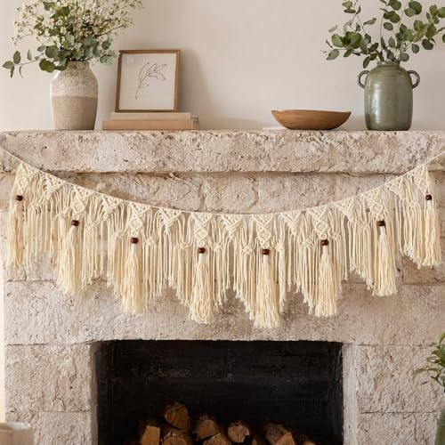 HOBO Garland, Boho Hanging Tassel, Handmade Macrame Banner for Fireplace/Birthday Party/Wedding/Window/Doorway/wall/Room/Decoration, Handcraft wall Art taperstry 44″ X 12″ (Beige) - color: Beige