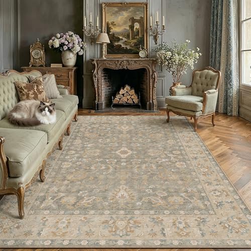 HUGEAR 9x12 Washable Vintage Area Rug Brown Neutral Distressed Low Pile Non Slip Soft Carpet Indoor Large Throw Rug for Living Room Bedroom Dining Room Home Office - color: Brown, size: 9' x 12' (Rectangular)
