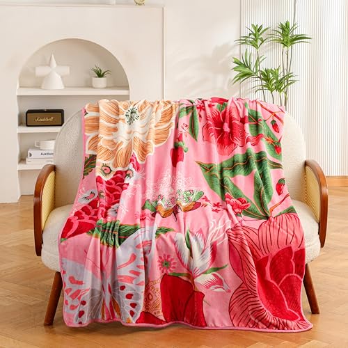Tyrot Pink Boho Floral Flannel Fleece Twin Blanket – Soft, Warm & Lightweight Fuzzy Blanket for Couch, Bed, or Sofa Decor, Cute Botanical Design Throw for Women & Girls, 60''x80'' - color: Boho Rose, size: Twin(60''x80'')