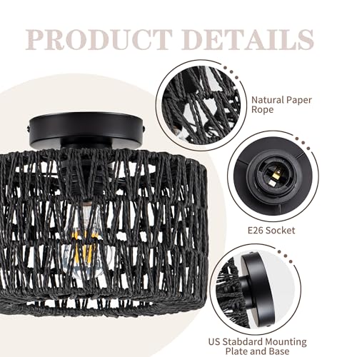Rpzloila Rattan Ceiling Light, 1 Light Farmhouse Woven Flush Mount Ceiling Light, Boho Light Fixture for Bedroom Living Room Hallway Entryway, Black Finish - color: Black, size: 1-Light-Round