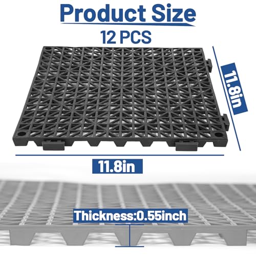12Pcs Drainage Interlocking Floor Tiles 11.8" x 11.8", Modular Interlocking Cushion Soft PVC Floor Non-Slip Splicing Waterproof Mat for Drain, Pool, Shower, Patio, Balcony, Bathroom, Kitchen, Yard - size: Black-12x12inch