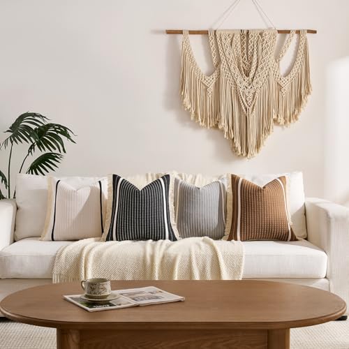 Vintage Decor Brown Decorative Throw Pillow Cover 18x18 with Tassels 1 Pack, Boho Home Decor Brown Plaid Pillow Covers 18 x 18, Modern Farmhouse Cotton Woven Throw Pillows for Living Room and Couch - color: Brown (With Tassels), size: 18" x 18" (Pack of 1