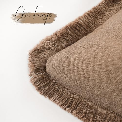 Foindtower Set of 2 Decorative Linen Fringe Throw Pillow Covers Cozy Boho Farmhouse Cushion Cover with Tassels Soft Accent Pillowcase for Couch Sofa Bed Living Room Home Decor, 16×16 Inch, Khaki Brown - color: Brick, size: 16" x 16" (Pack of 2)