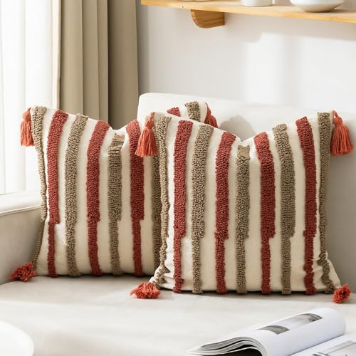 Boho Pillow Covers 18x18 Set of 2 Geometric & Striped Pillow Covers-Hand-Tufted Textured Pillowcases-Farmhouse Linen Decorative Throw Pillows for Sofa, Couch, Bed, Chair, Living Room, Thin Line - color: Thick Line