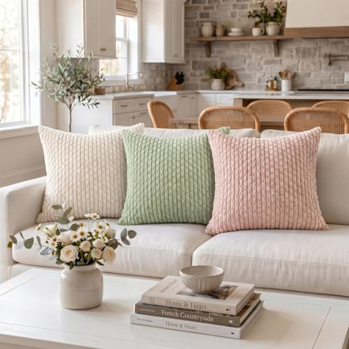 Fancy Homi 2 Packs Boho Cream Decorative Throw Pillow Covers 18x18 Inch for Couch Bed Sofa, Modern Farmhouse Home Decor, Soft Cute Plush Corduroy Cushion Case 45x45 CM - color: Cream, size: 18" x 18" (Pack of 2)
