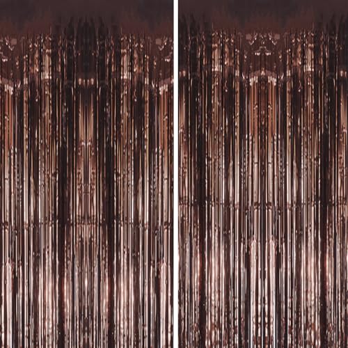 DECOCKRAT 2 Pack Foil Fringe Backdrop - Brown Shiny Tinsel Curtains for Party Decoration/Photo Booth Props - 3.3x6.6 FT Metallic Foil Backdrop for Birthday, Wedding, Graduation, Christmas. - color: Brown