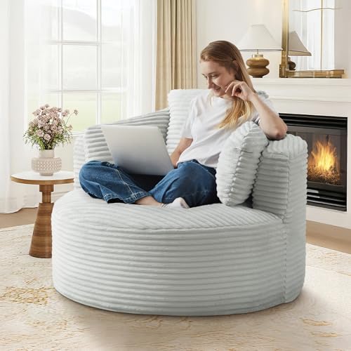 48"W Oversized Round Chaise Longue Chair Indoor,Corduroy Fluffy Comfy Cloud Chair,Circle Bean Bag Sofa with Foam Filling & Pillows,Boneless Reading Cozy Sofa Chairs for Living Room,Bedroom,Light Grey - color: Light Grey