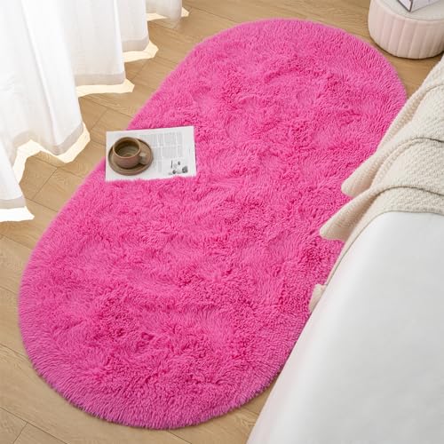 Goideal Fluffy Bedroom Rug, Small Oval Area Rugs, Hot Pink Shag Bedside Carpet for Kids Room Nursery Dorm Cute Fuzzy Indoor Decor for Boy and Girl, 2.6 x 5.3 Feet - color: Hot Pink
