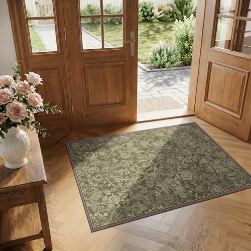 Washable Floral Area Rug 2x3, Vintage Farmhouse Botanical Rug, Non Slip Low Pile Thin Floor Soft Small Accent Rug for Entryway Bedroom Living Room Kitchen Doorway Stain Resistant Coffee - color: Coffee, size: 2'x3'