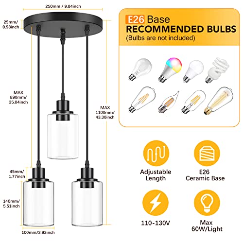 MAXvolador Industrial 3-Light Pendant Light, Adjustable Hanging Light Fixture with Clear Glass Shade, Pendant Lighting E26 Base Ceiling Lamp, Black - color: Black